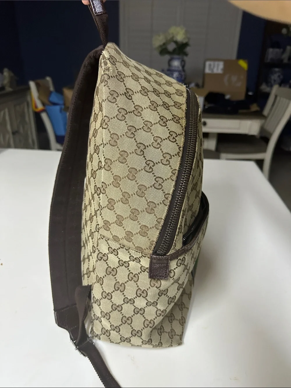 Gucci Brown GG Canvas Backpack with Red & Green Web Stripe